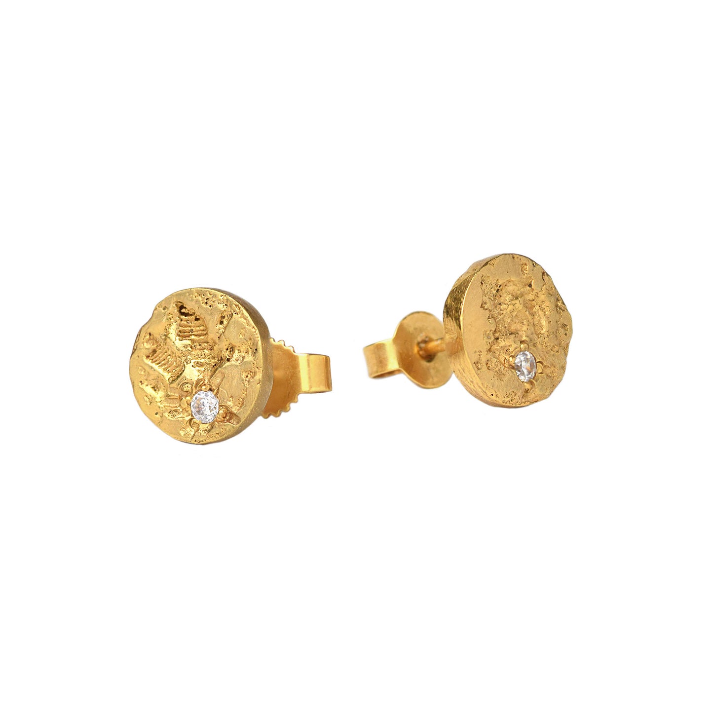Gold circle stud earring with a white diamond