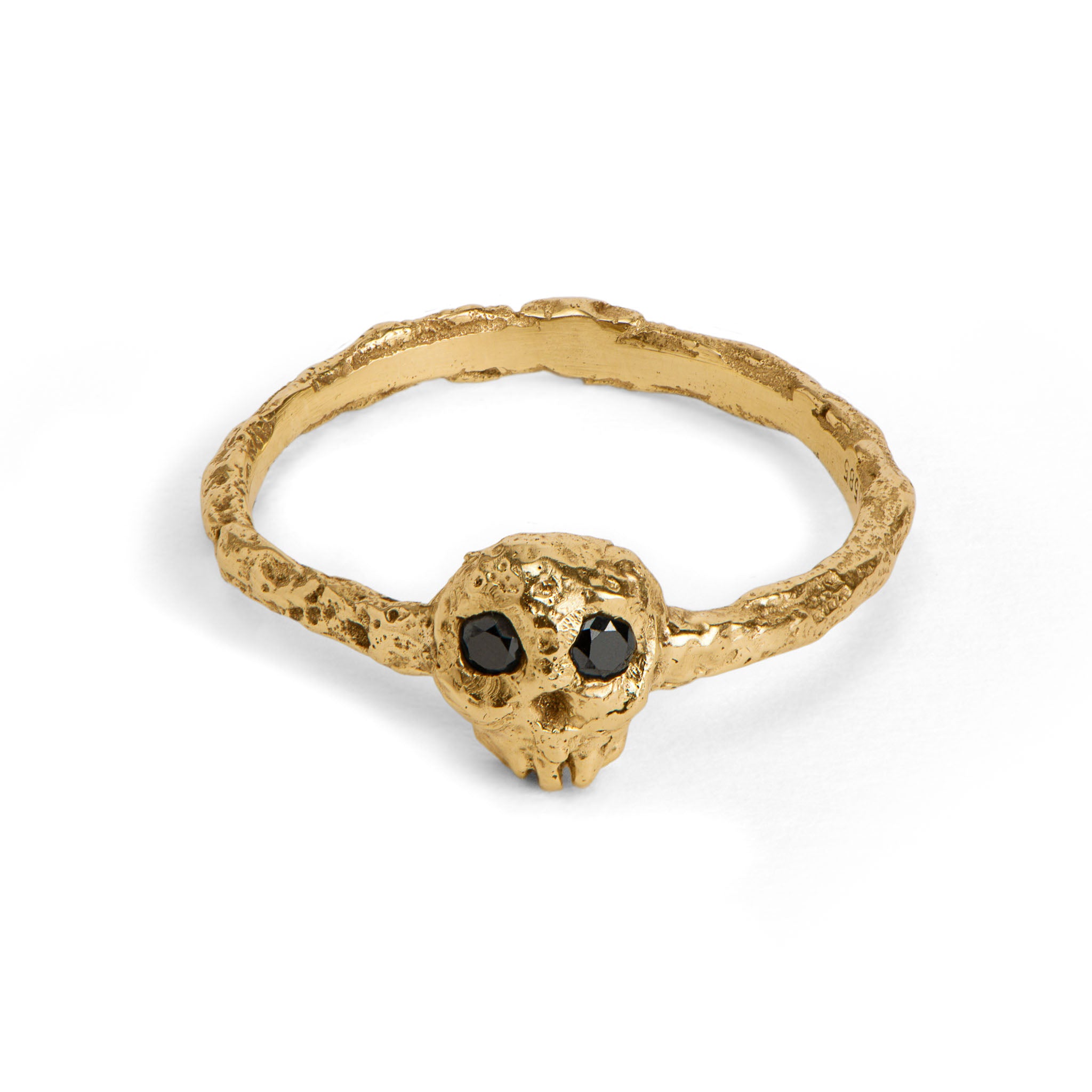 Yellow Gold Skull Ring With 2 Black Diamonds