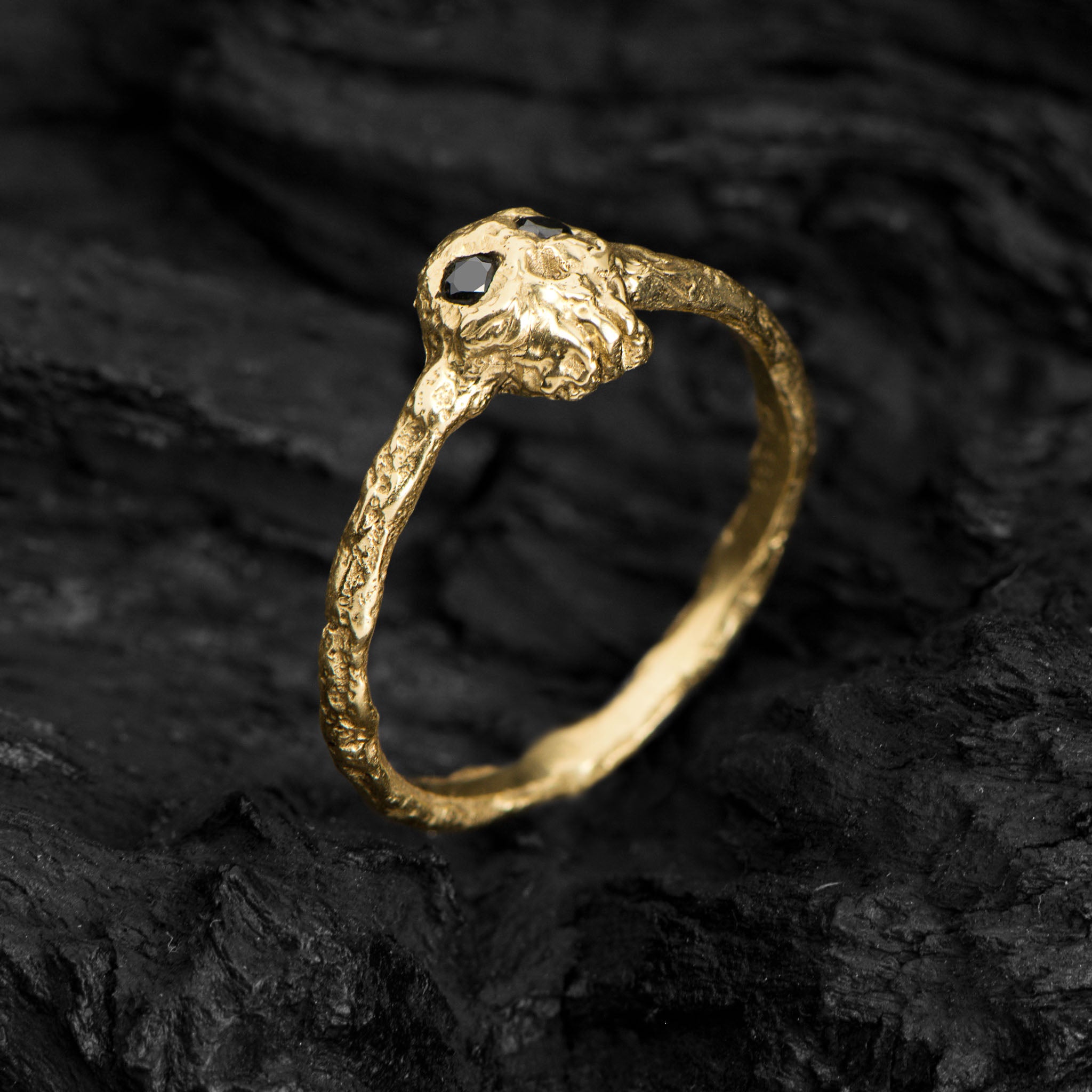 Yellow Gold Skull Ring With 2 Black Diamonds