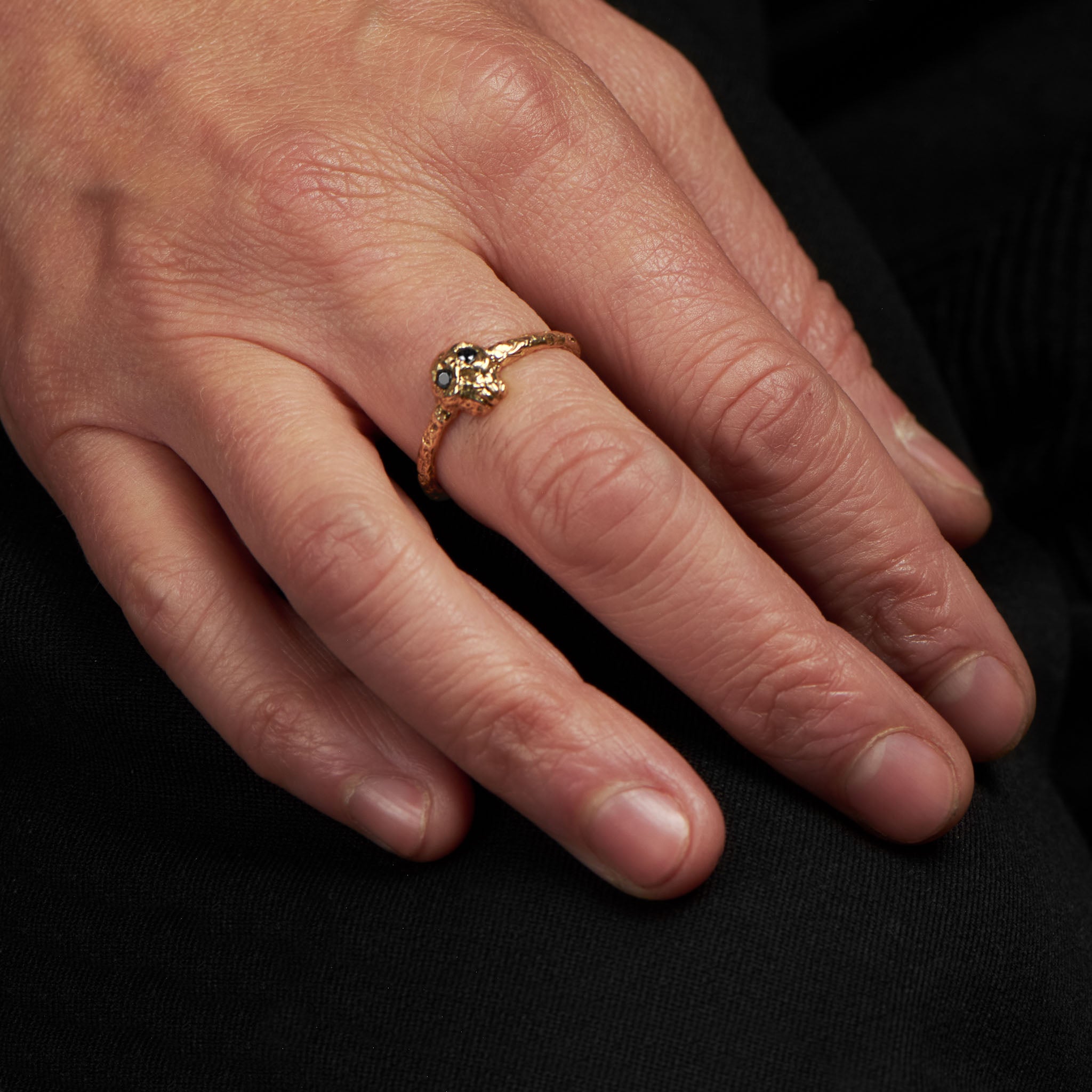 Yellow Gold Skull Ring With 2 Black Diamonds
