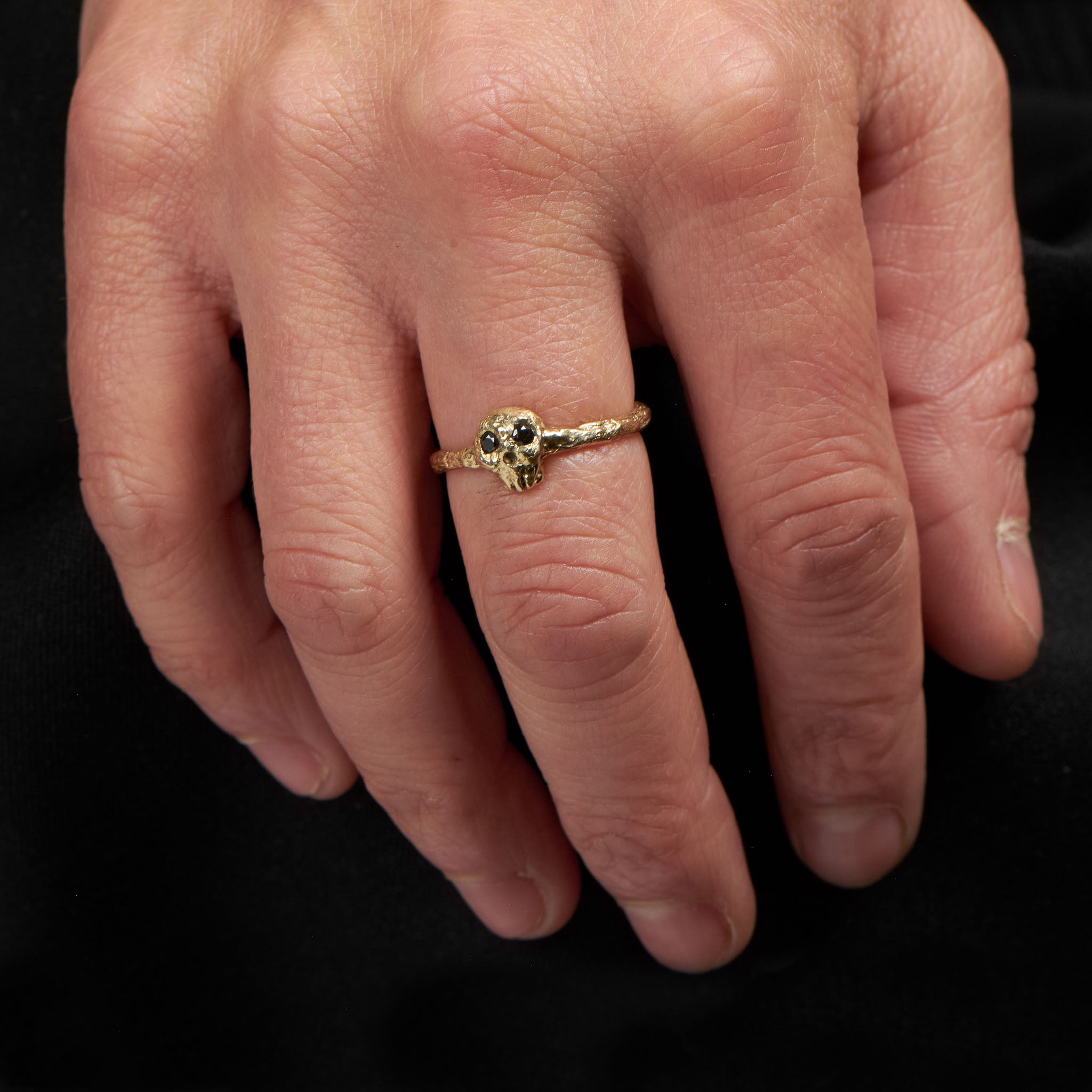 Yellow Gold Skull Ring With 2 Black Diamonds