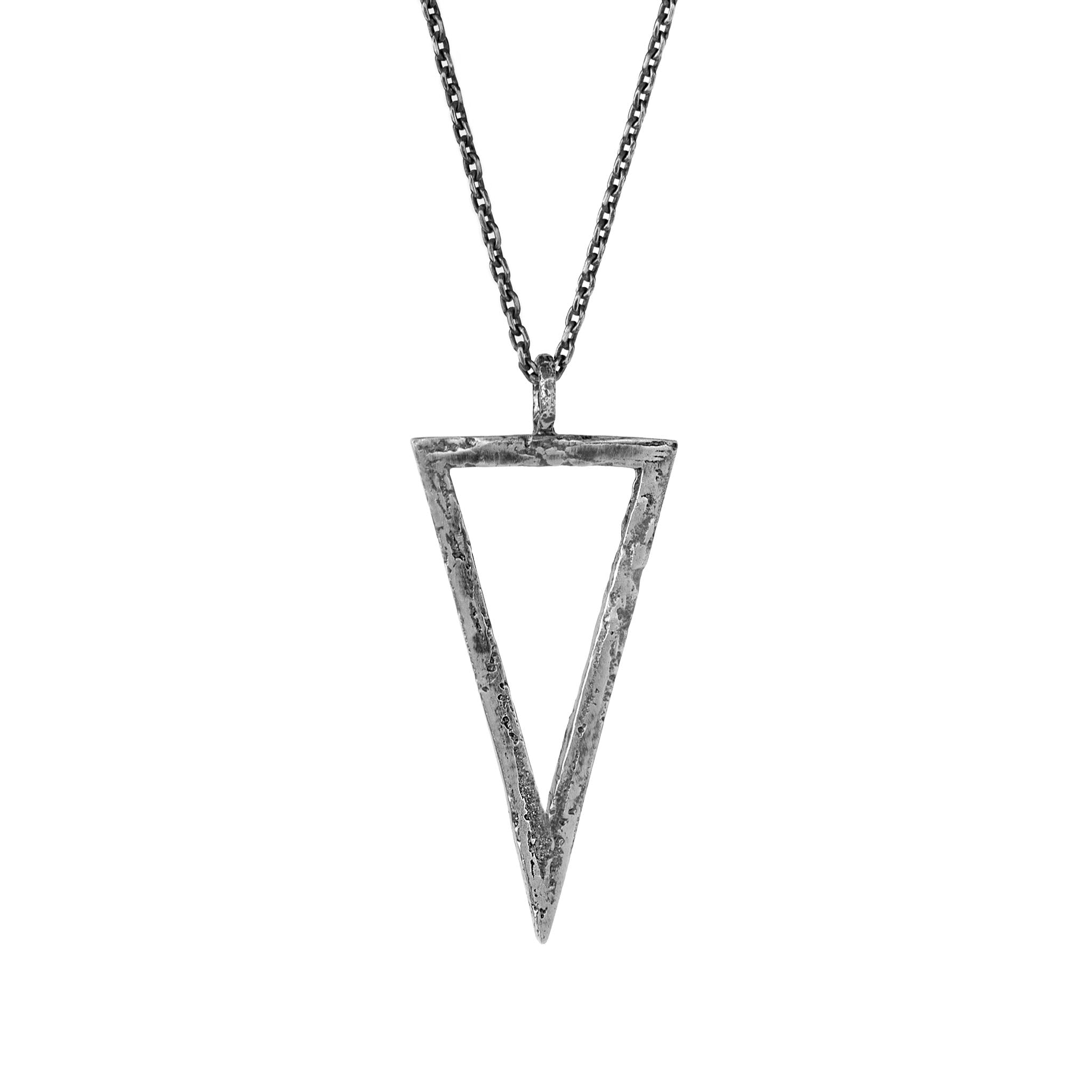Handcrafted sterling silver triangle pendant necklace with an organic textured geometric design