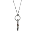 Handcrafted sterling silver necklace with sculptural bar pendant and suspended silver ring on a white background