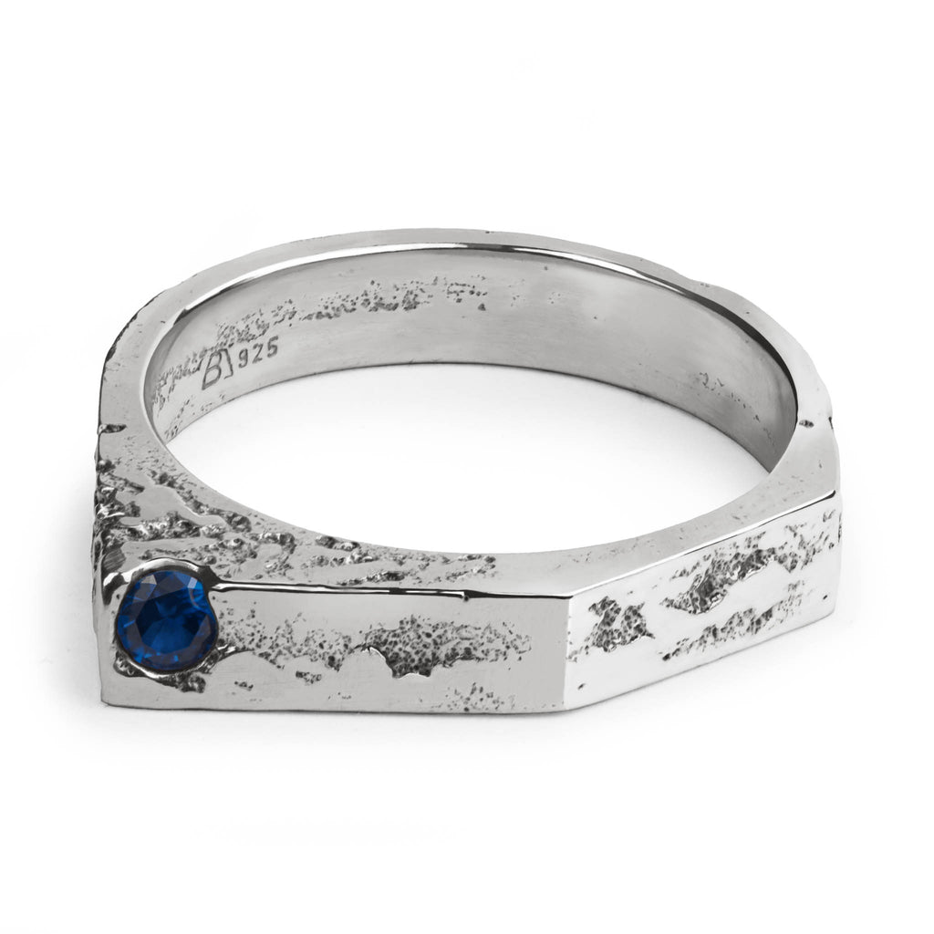 brutalist Silver ring with a blue gemstone handcrafted in Berlin jewelry studio.