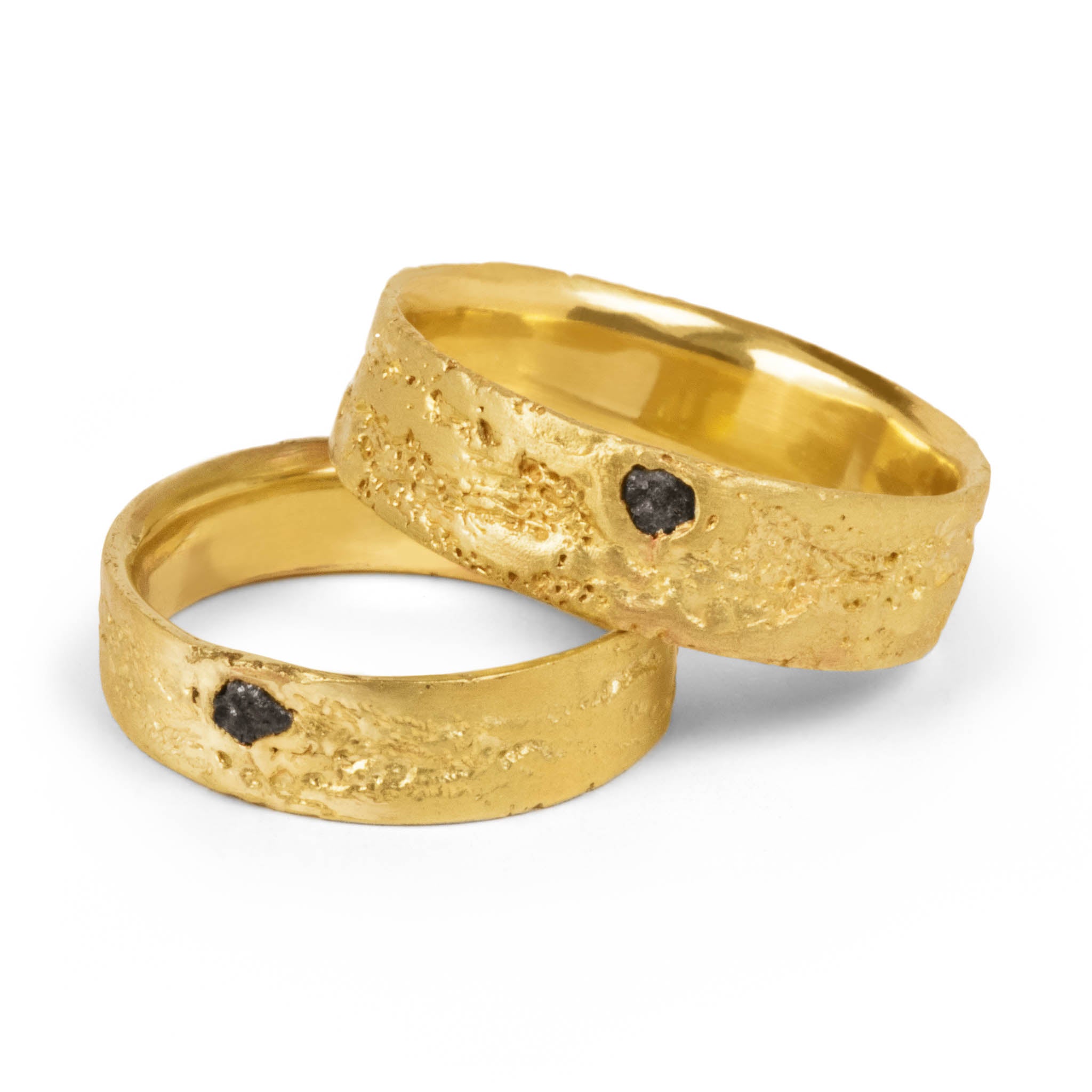Yellow Gold Wedding Bands with Raw Black Diamond