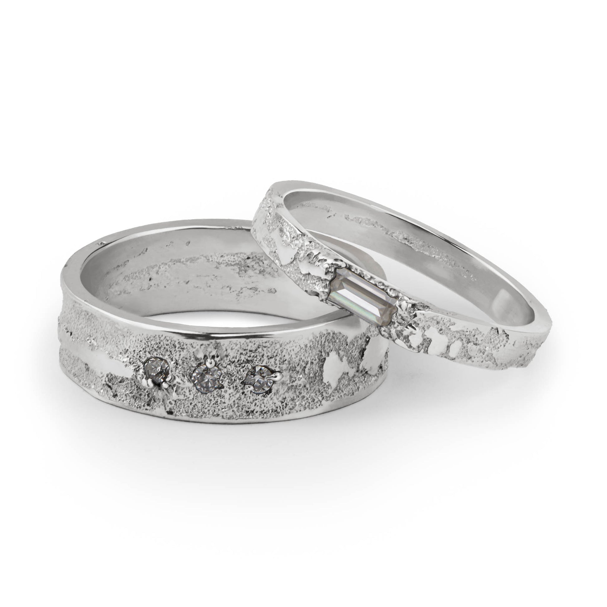 Taygeta sterling silver wedding bands with baguette and brilliant moissanite stones, handcrafted in Berlin studio.